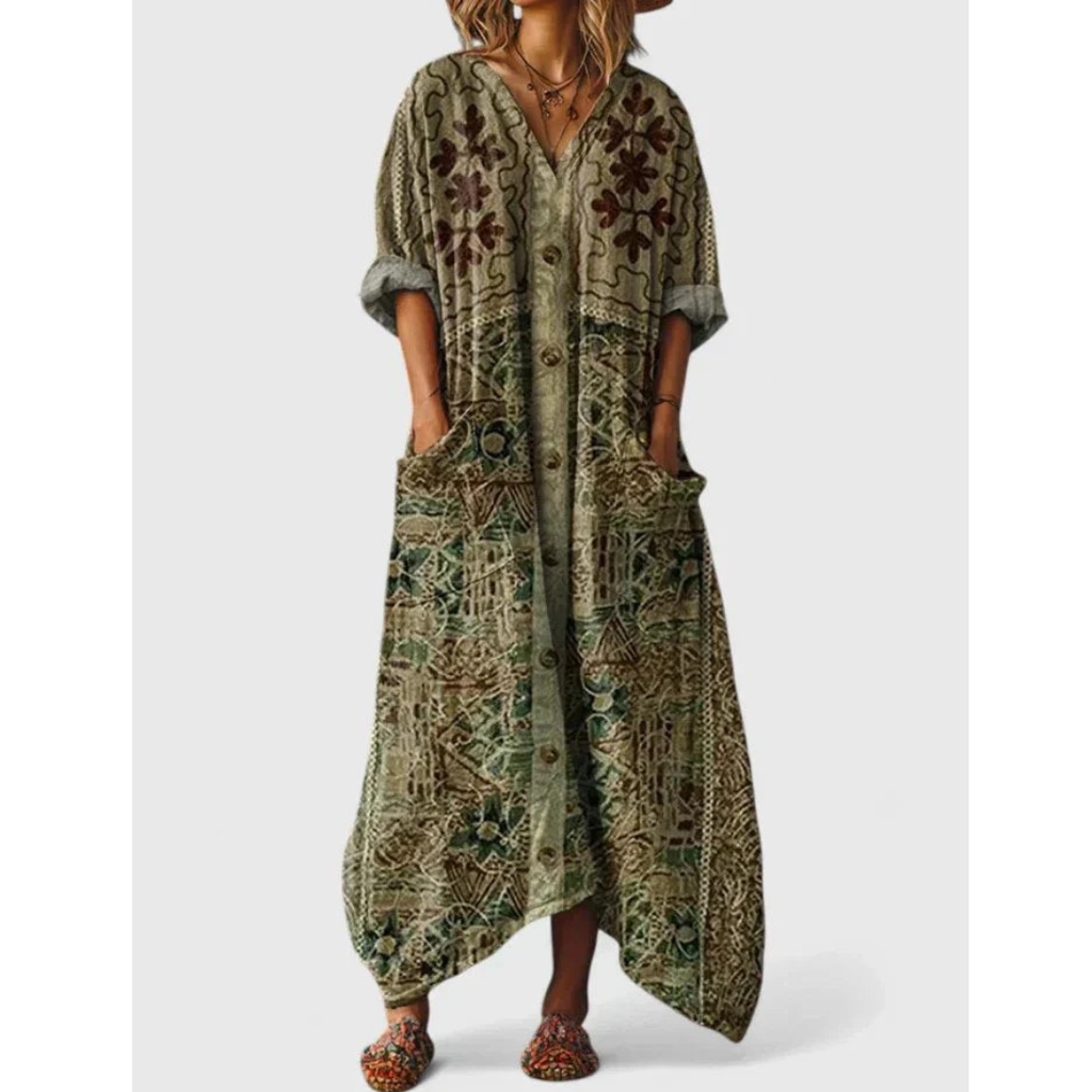 Finja | Damen Boho Maxikleid Mit Taschen
