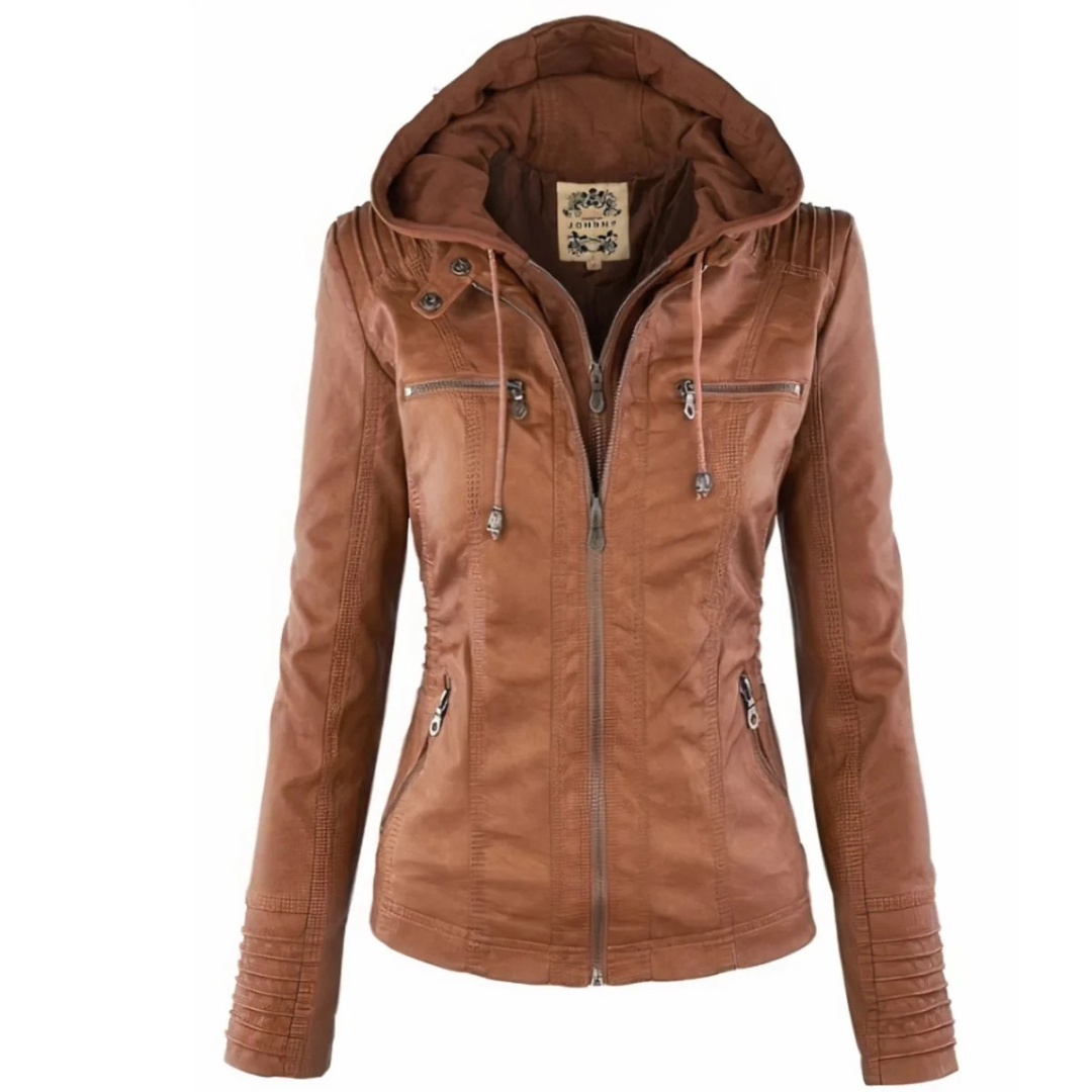 Emma | Damen Vielseitige Kunstleder Bikerjacke mit Kapuze