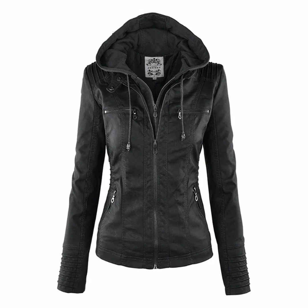 Emma | Damen Vielseitige Kunstleder Bikerjacke mit Kapuze