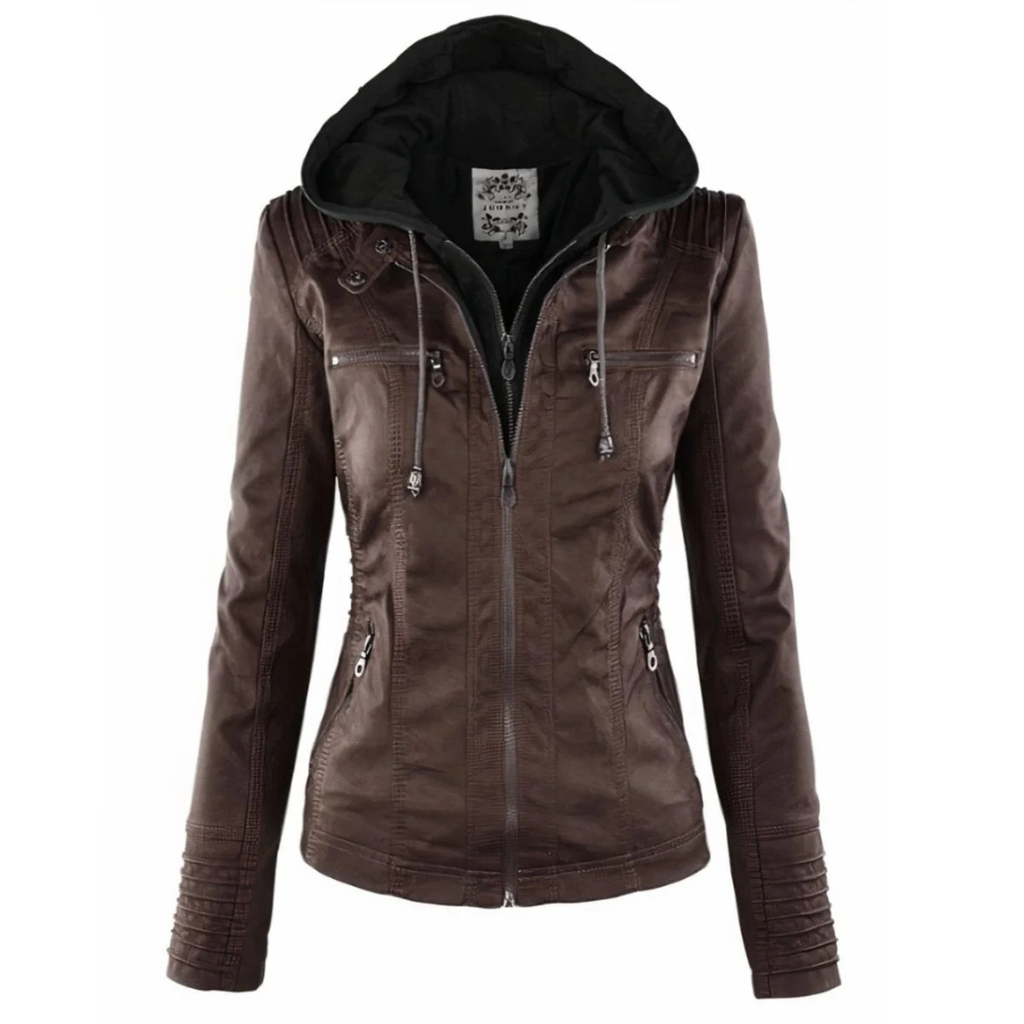 Emma | Damen Vielseitige Kunstleder Bikerjacke mit Kapuze