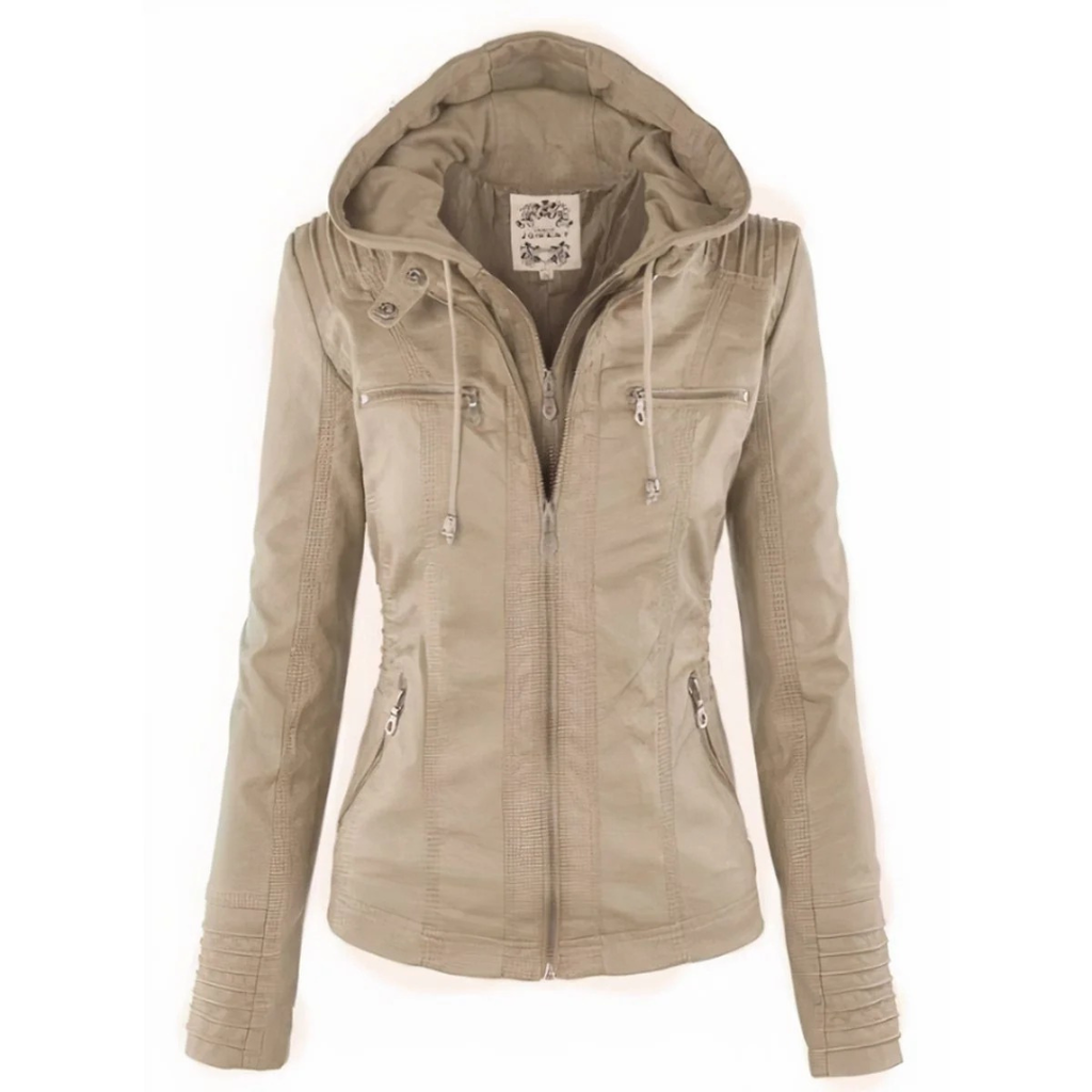 Emma | Damen Vielseitige Kunstleder Bikerjacke mit Kapuze