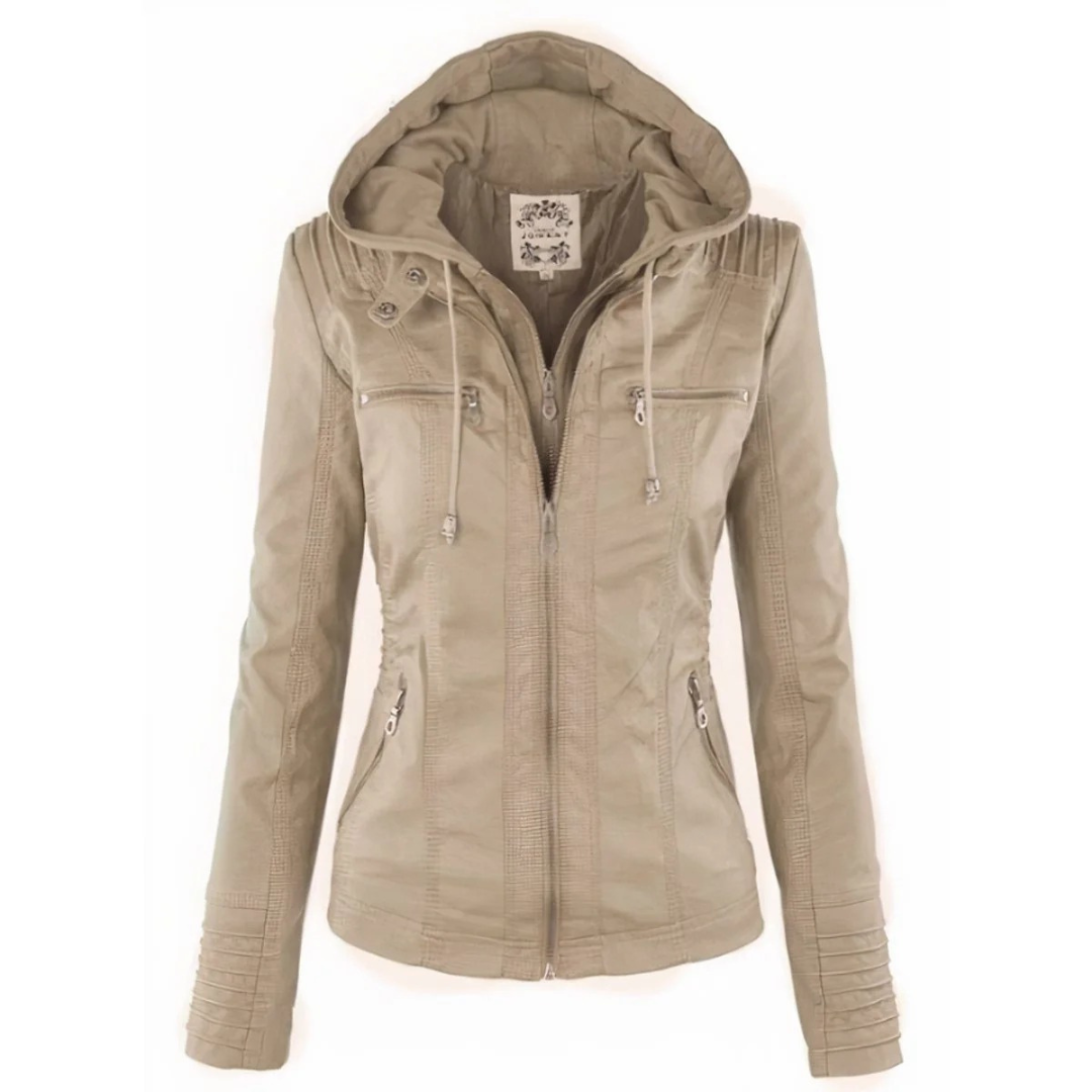 Emma | Damen Vielseitige Kunstleder Bikerjacke mit Kapuze