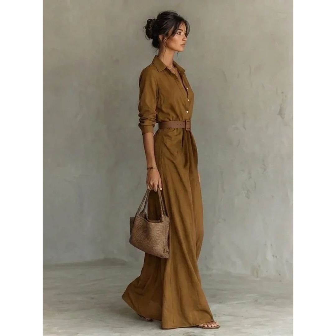 Fiona | Damen Langarm Maxikleid mit Knöpfen und Taillengürtel