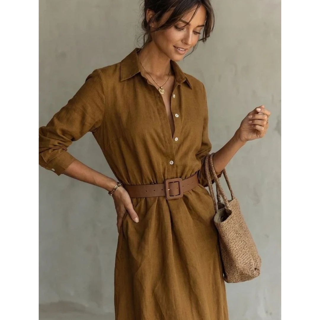Fiona | Damen Langarm Maxikleid mit Knöpfen und Taillengürtel