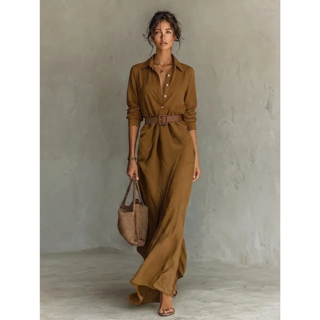 Fiona | Damen Langarm Maxikleid mit Knöpfen und Taillengürtel