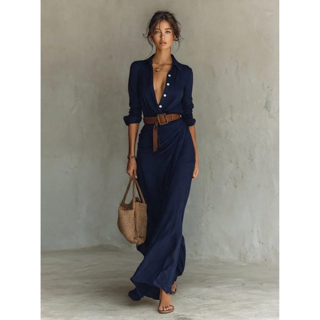 Fiona | Damen Langarm Maxikleid mit Knöpfen und Taillengürtel