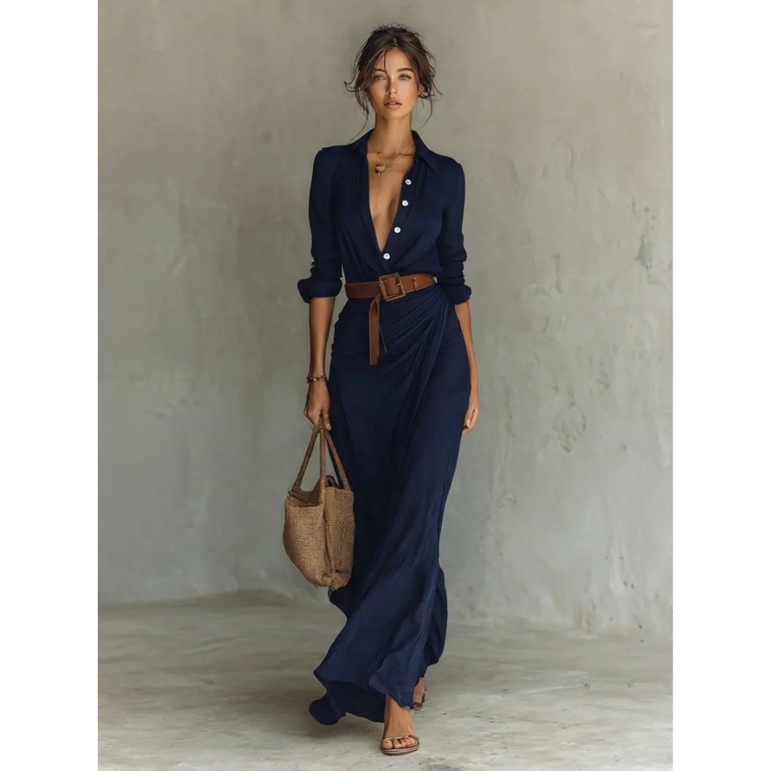 Fiona | Damen Langarm Maxikleid mit Knöpfen und Taillengürtel