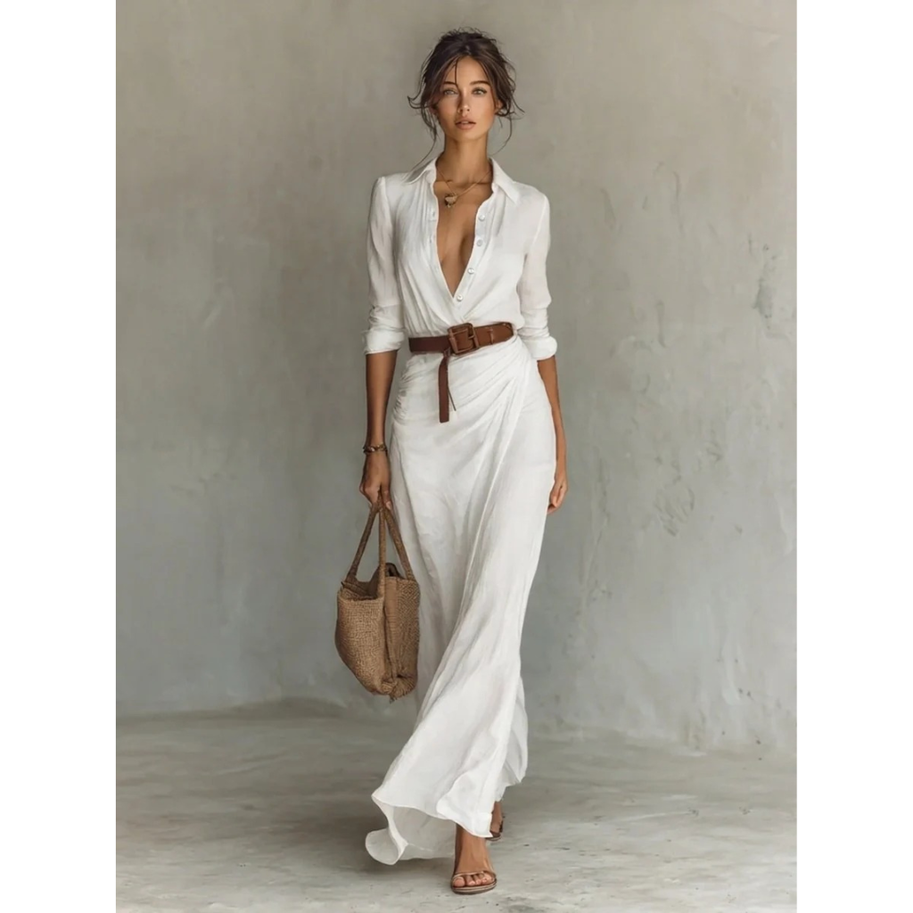 Fiona | Damen Langarm Maxikleid mit Knöpfen und Taillengürtel