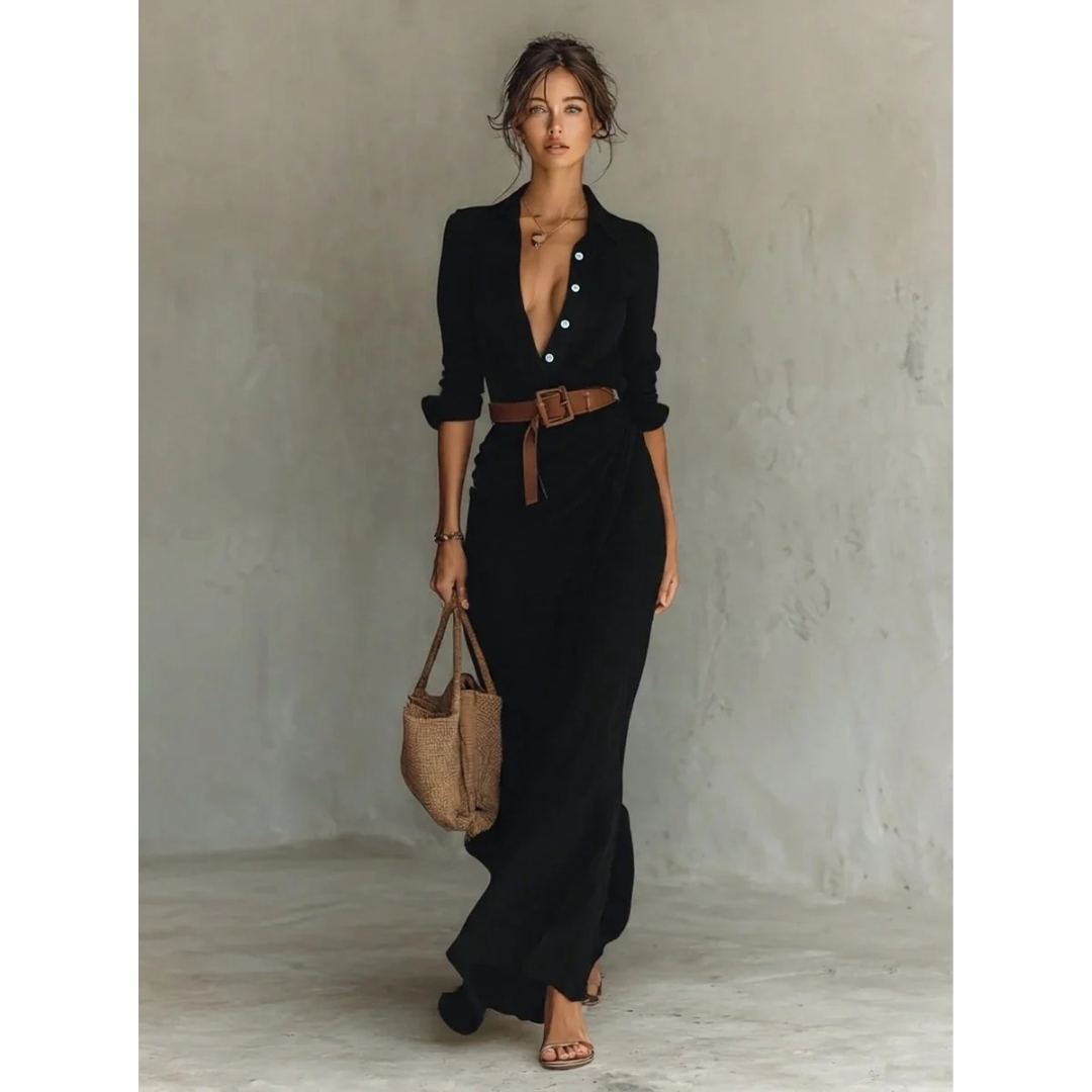 Fiona | Damen Langarm Maxikleid mit Knöpfen und Taillengürtel