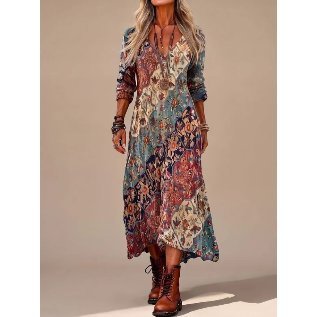 Flavia | Damen Boho Maxikleid mit Langarm, V Ausschnitt und Vintage Muster