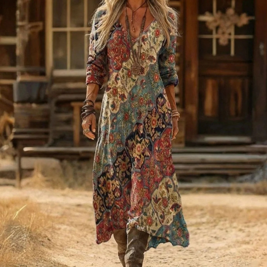 Flavia | Damen Boho Maxikleid mit Langarm, V Ausschnitt und Vintage Muster