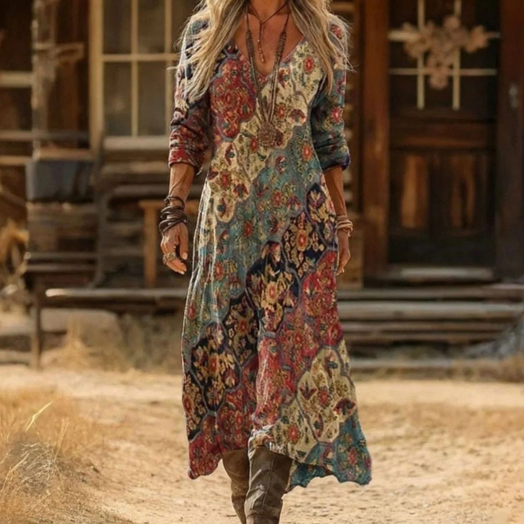 Flavia | Damen Boho Maxikleid mit Langarm, V Ausschnitt und Vintage Muster