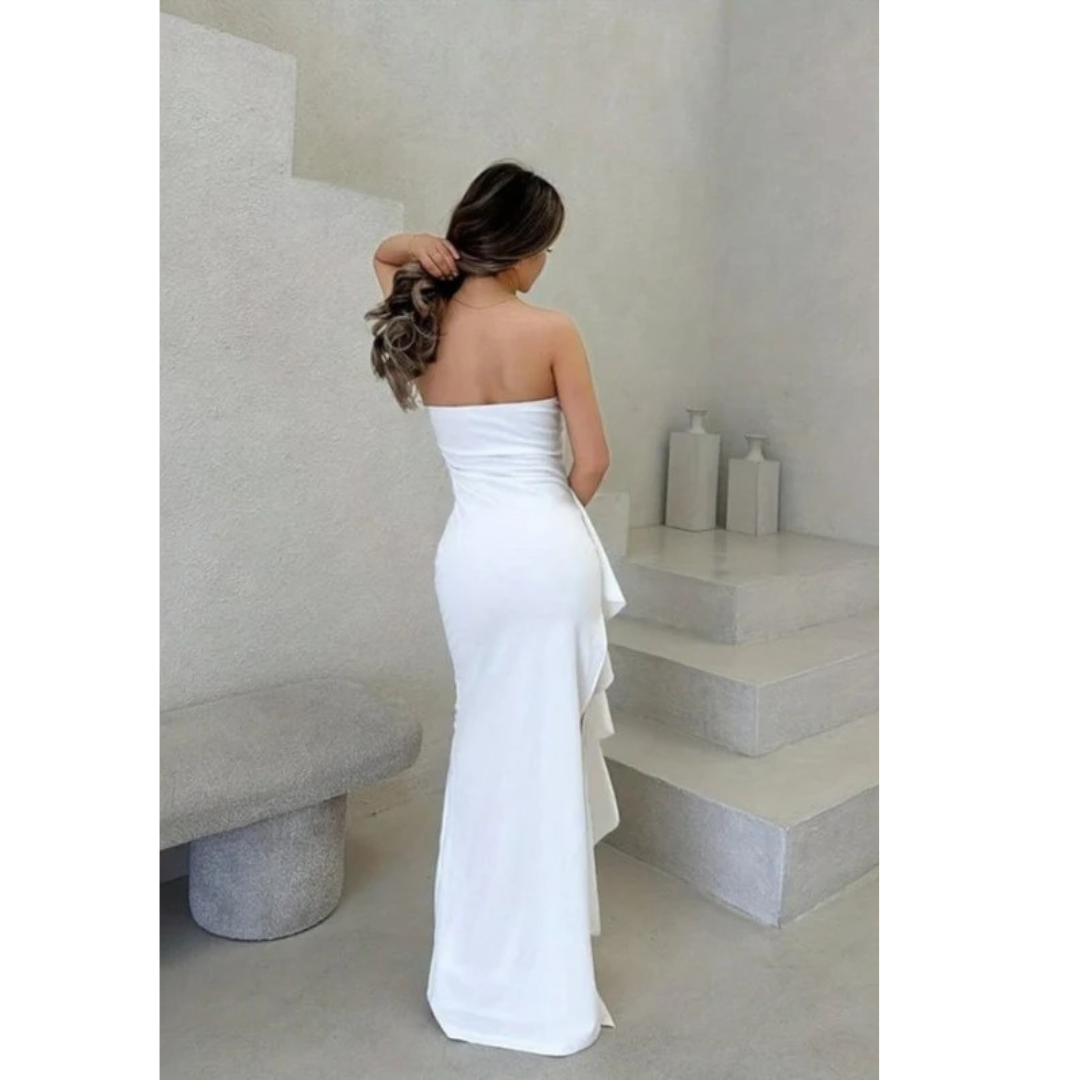 Frida | Damen Stilvolles Weißes Satin Maxikleid