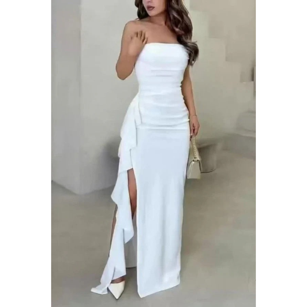 Frida | Damen Stilvolles Weißes Satin Maxikleid