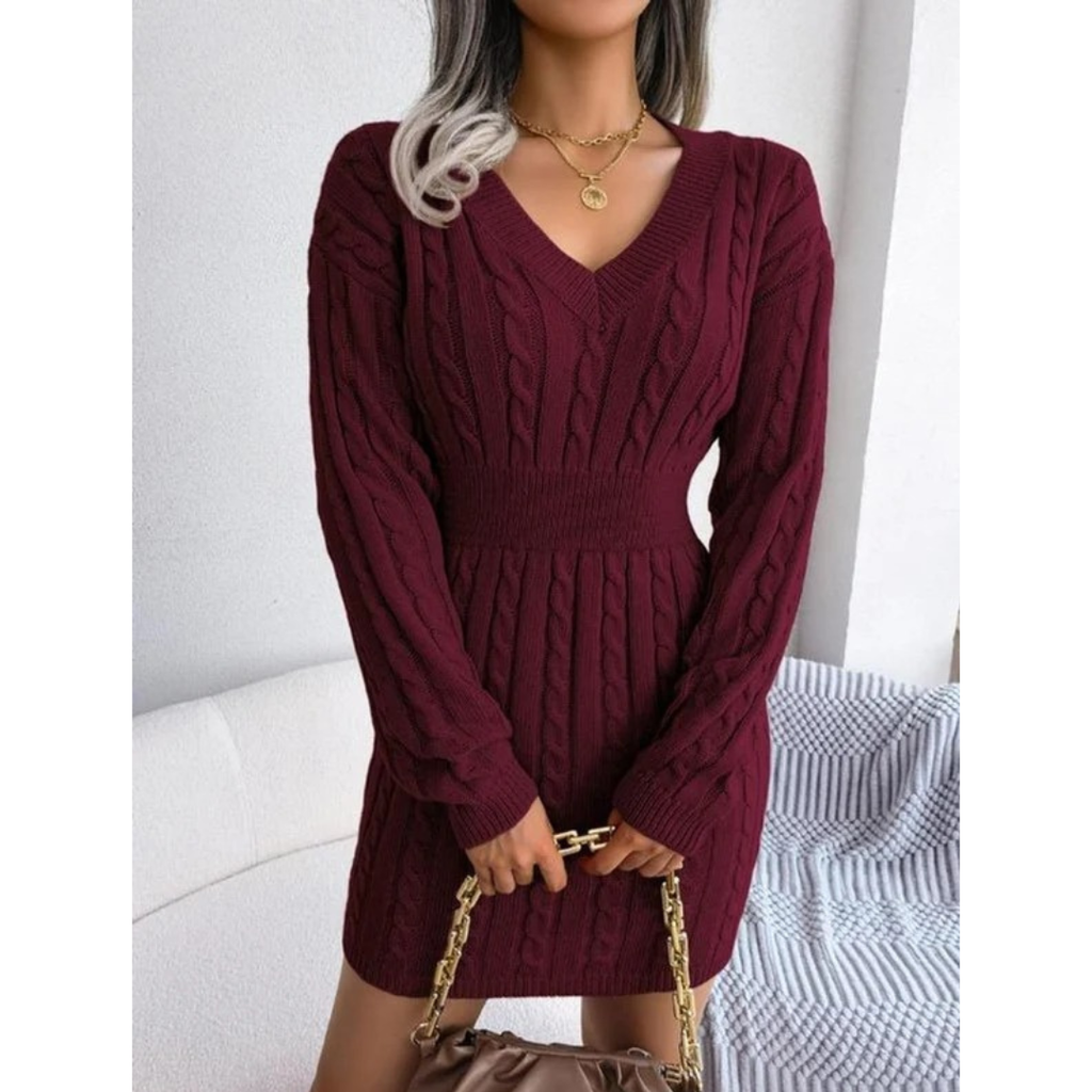 Frieda | Damen Langarm Minikleid mit V-Ausschnitt