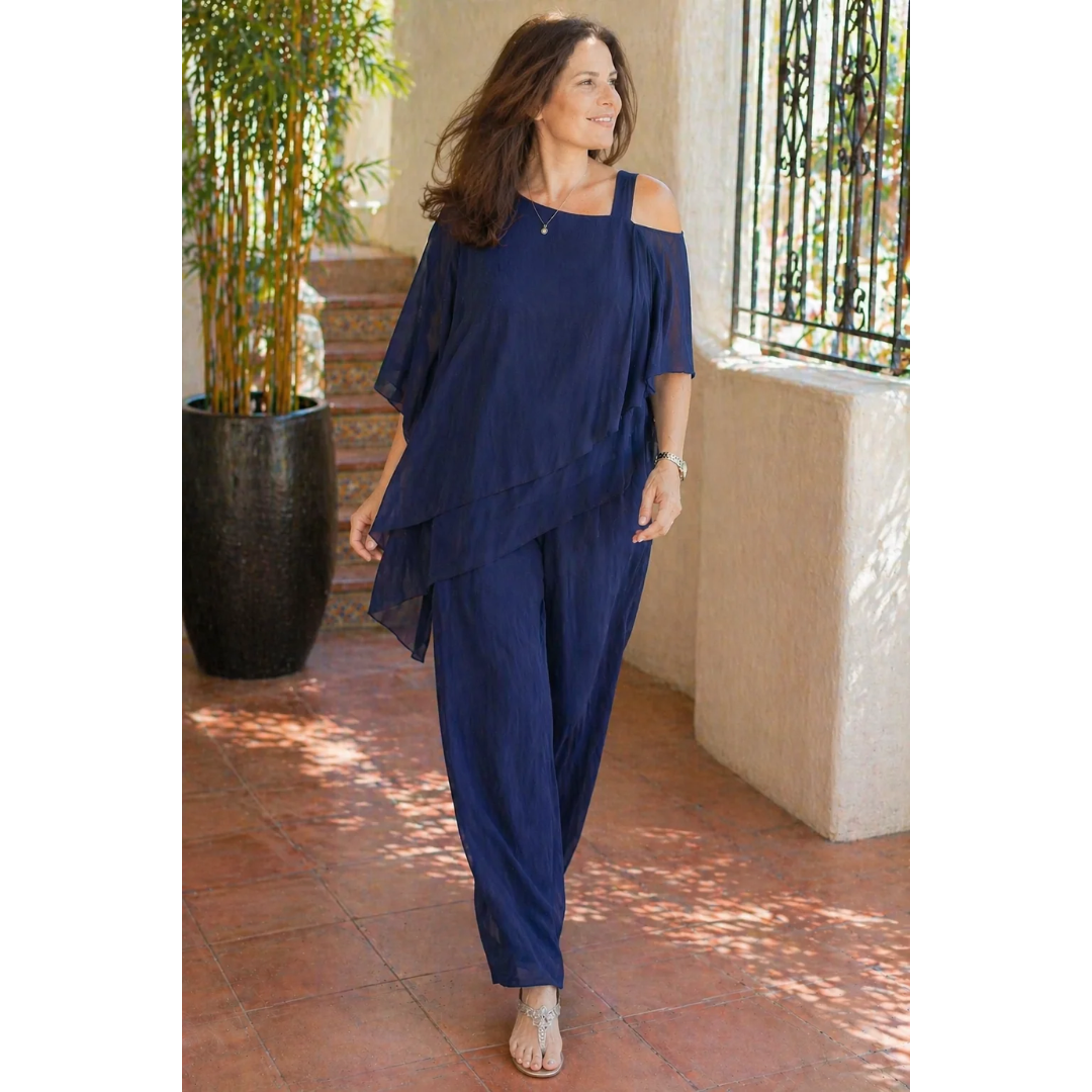 Friederike | Damen Chiffon Zweiteiler mit Bluse und Hose