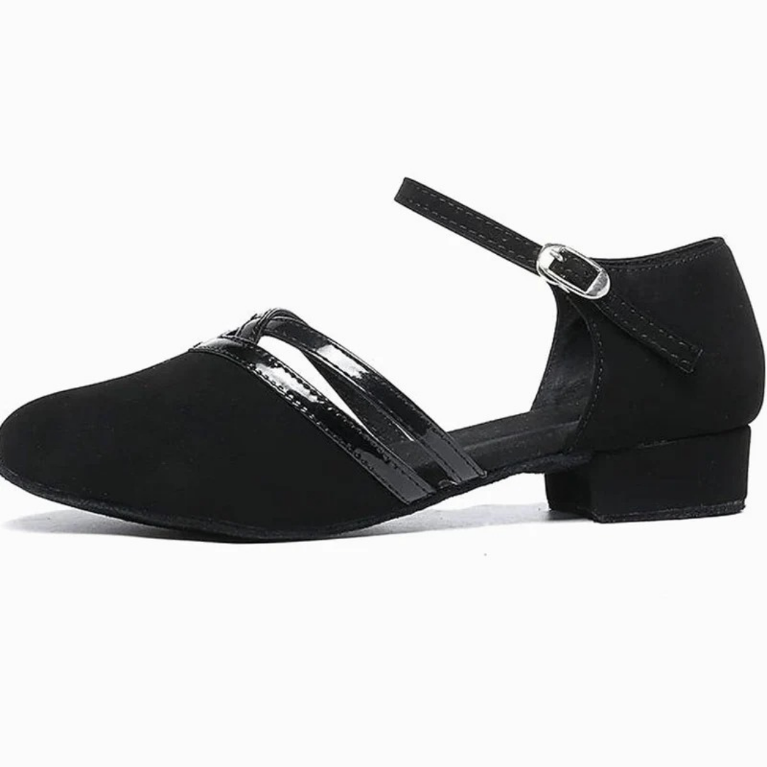 Friederike | Damen Schwarze Tanzschuhe mit Riemen, Schnalle und Absatz