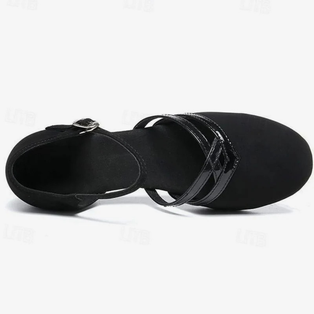 Friederike | Damen Schwarze Tanzschuhe mit Riemen, Schnalle und Absatz