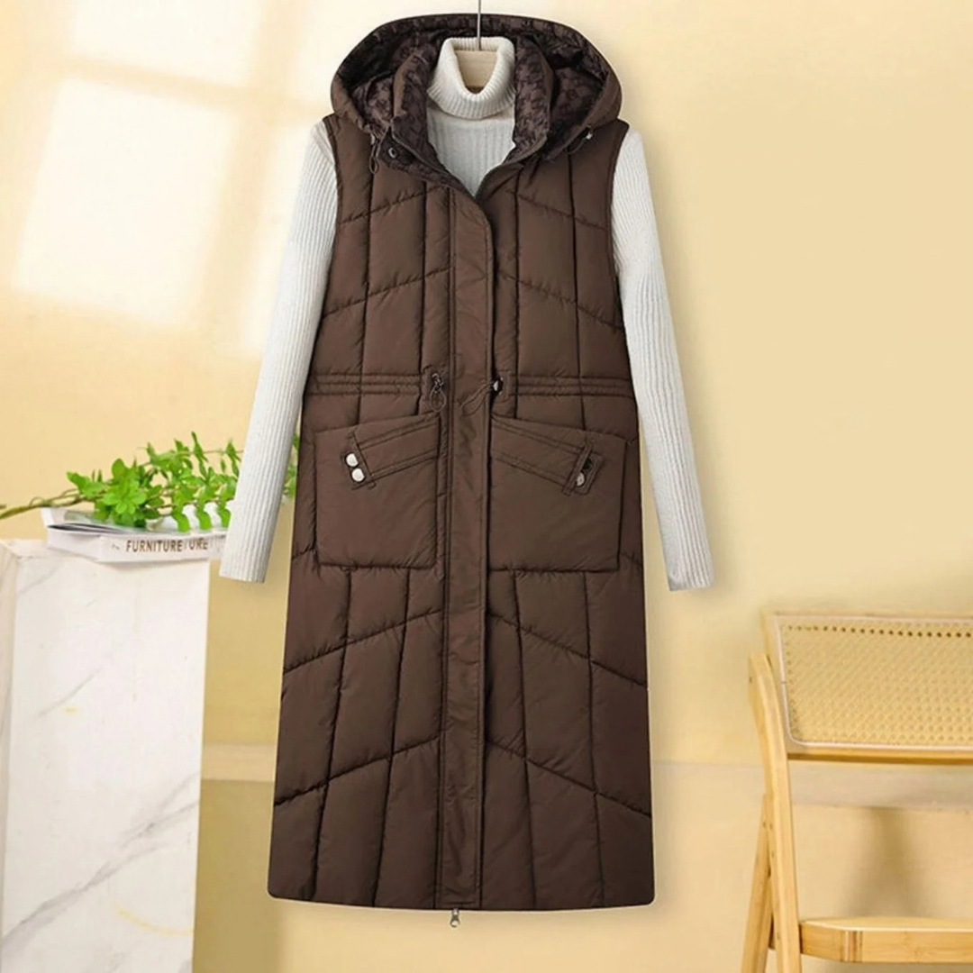 Gabrielle | Damen Lange Steppweste Bodywarmer mit Kapuze, Taschen und Reißverschluss