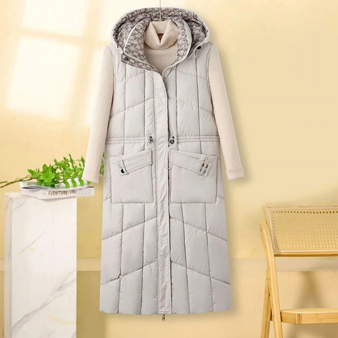 Gabrielle | Damen Lange Steppweste Bodywarmer mit Kapuze, Taschen und Reißverschluss