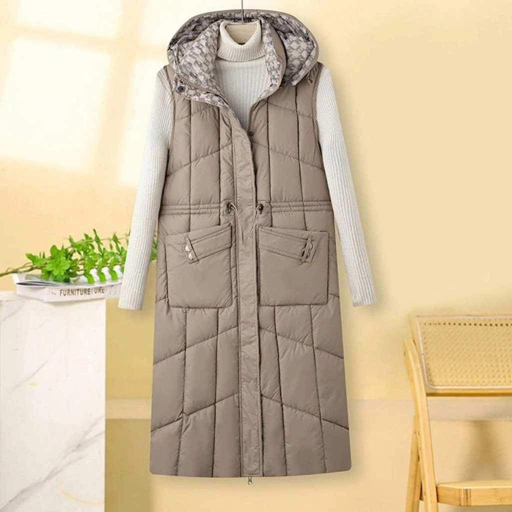 Gabrielle | Damen Lange Steppweste Bodywarmer mit Kapuze, Taschen und Reißverschluss