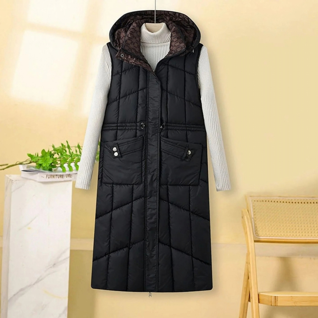 Gabrielle | Damen Lange Steppweste Bodywarmer mit Kapuze, Taschen und Reißverschluss