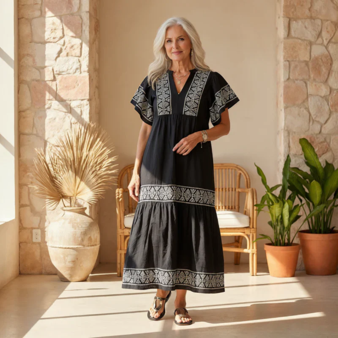 Galina | Damen Modernes Sommerkleid Midi Boho mit V-Ausschnitt