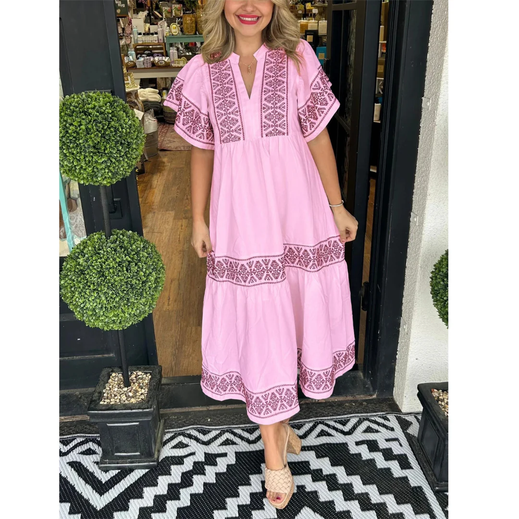 Galina | Damen Modernes Sommerkleid Midi Boho mit V-Ausschnitt