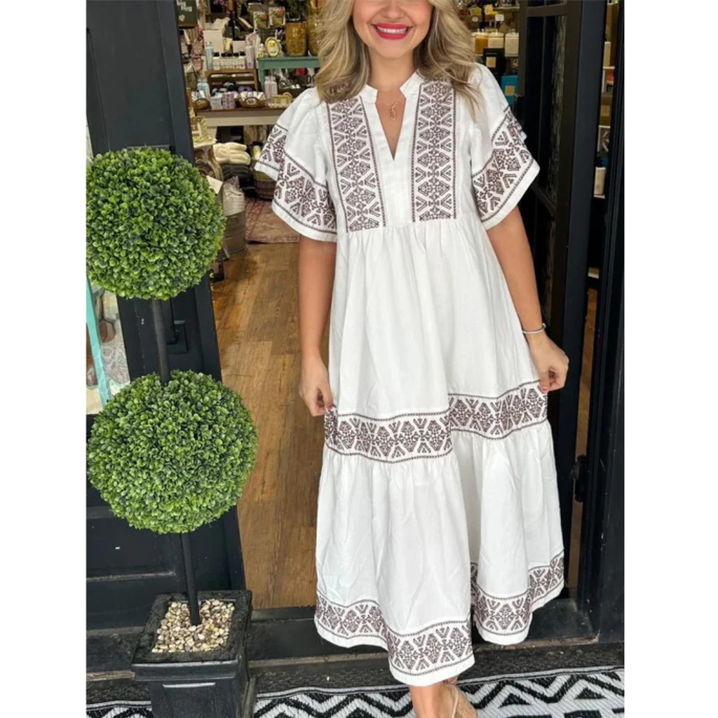 Galina | Damen Modernes Sommerkleid Midi Boho mit V-Ausschnitt
