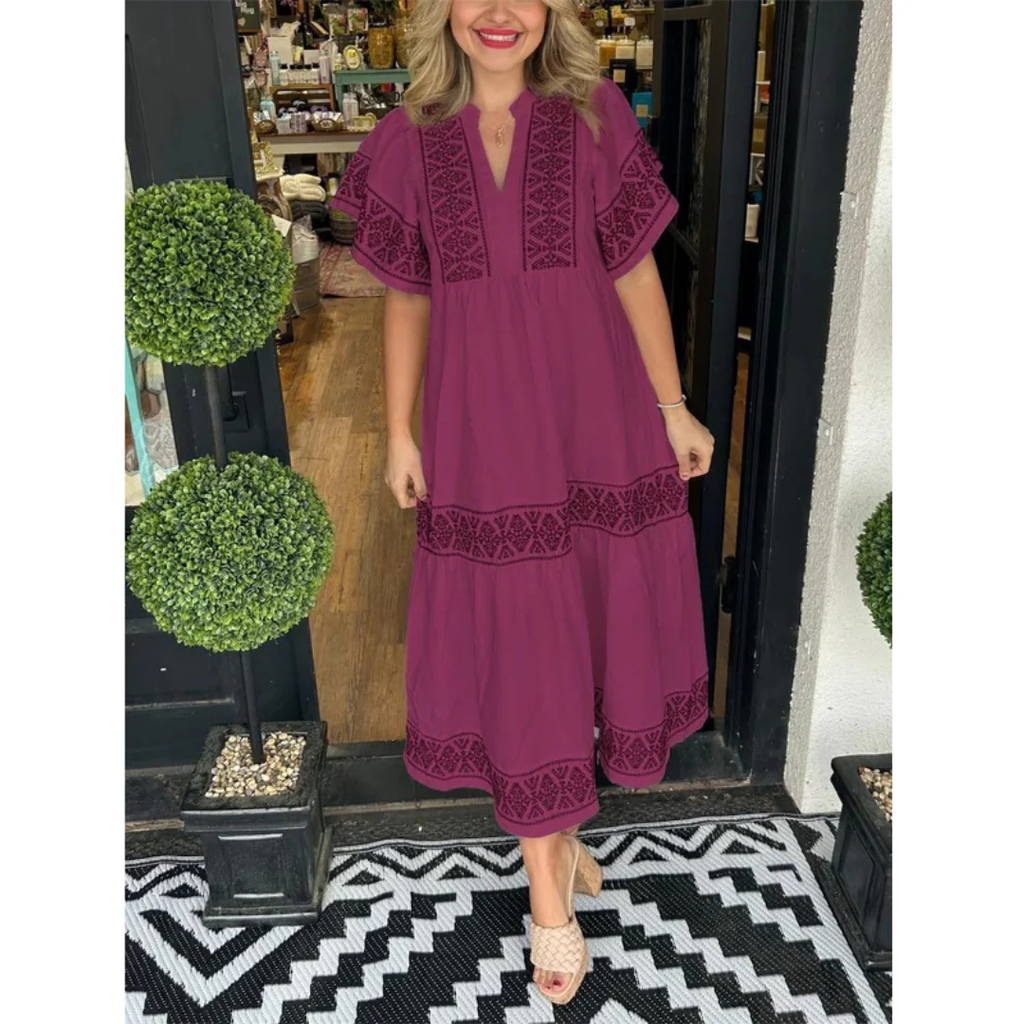 Galina | Damen Modernes Sommerkleid Midi Boho mit V-Ausschnitt