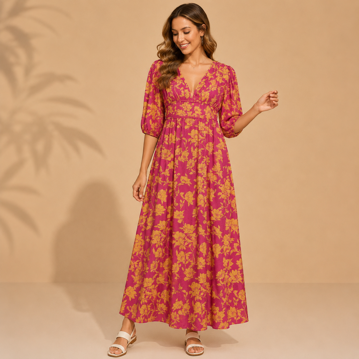 Geraldine | Damen Rosa-Orange Midikleid Mit Puffärmeln