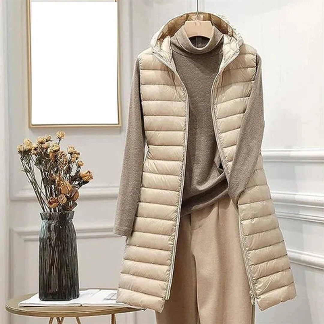 Gerda | Damen Steppjacke mit Kapuze, Lange Weste und Reißverschluss