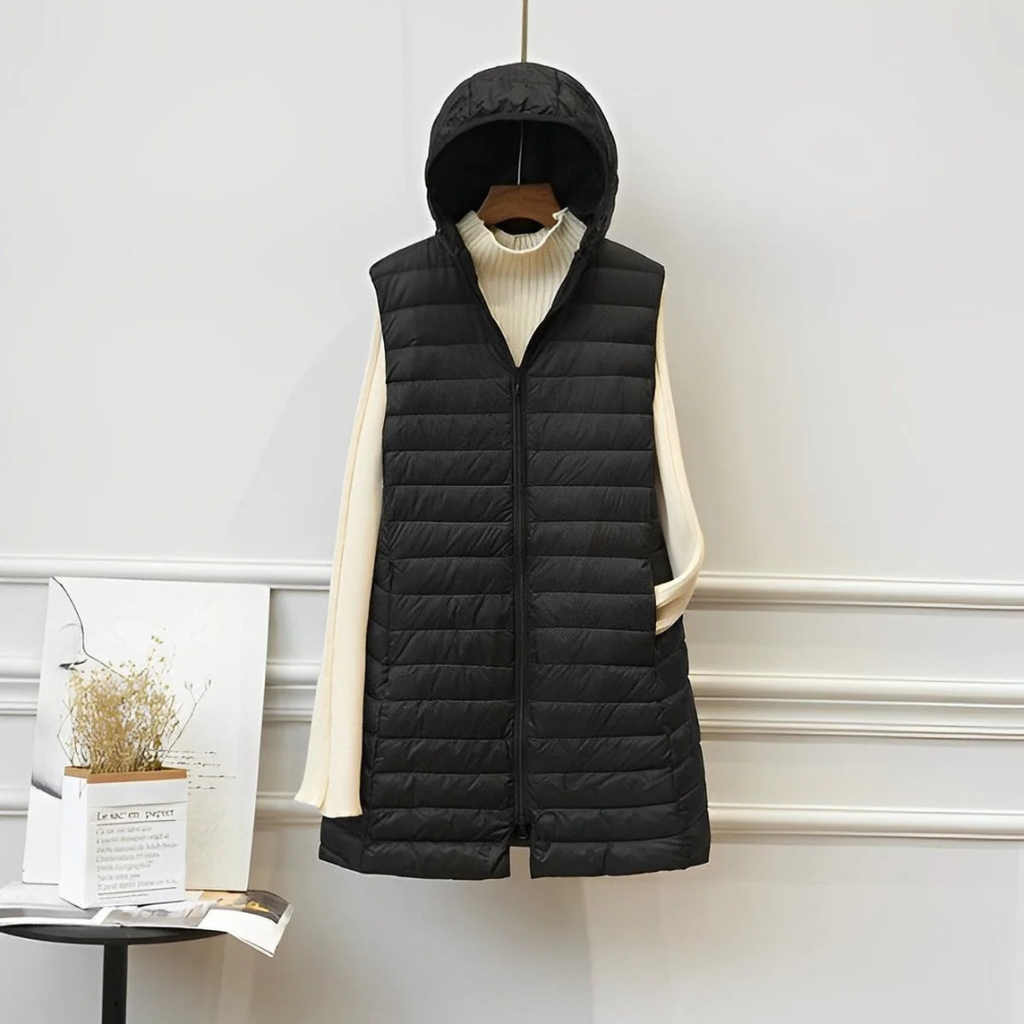 Gerda | Damen Steppjacke mit Kapuze, Lange Weste und Reißverschluss
