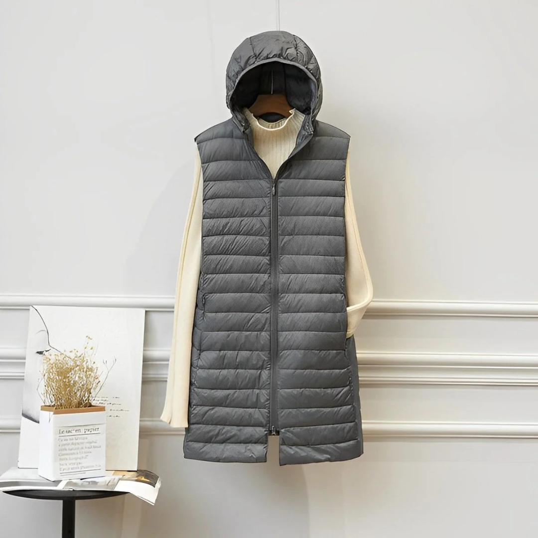 Gerda | Damen Steppjacke mit Kapuze, Lange Weste und Reißverschluss
