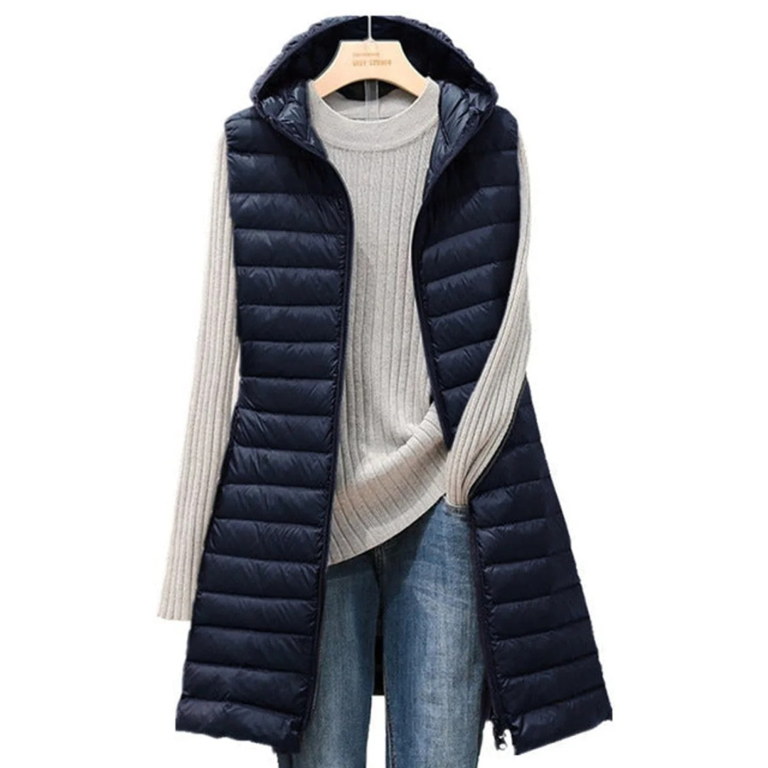 Gerda | Damen Steppjacke mit Kapuze, Lange Weste und Reißverschluss