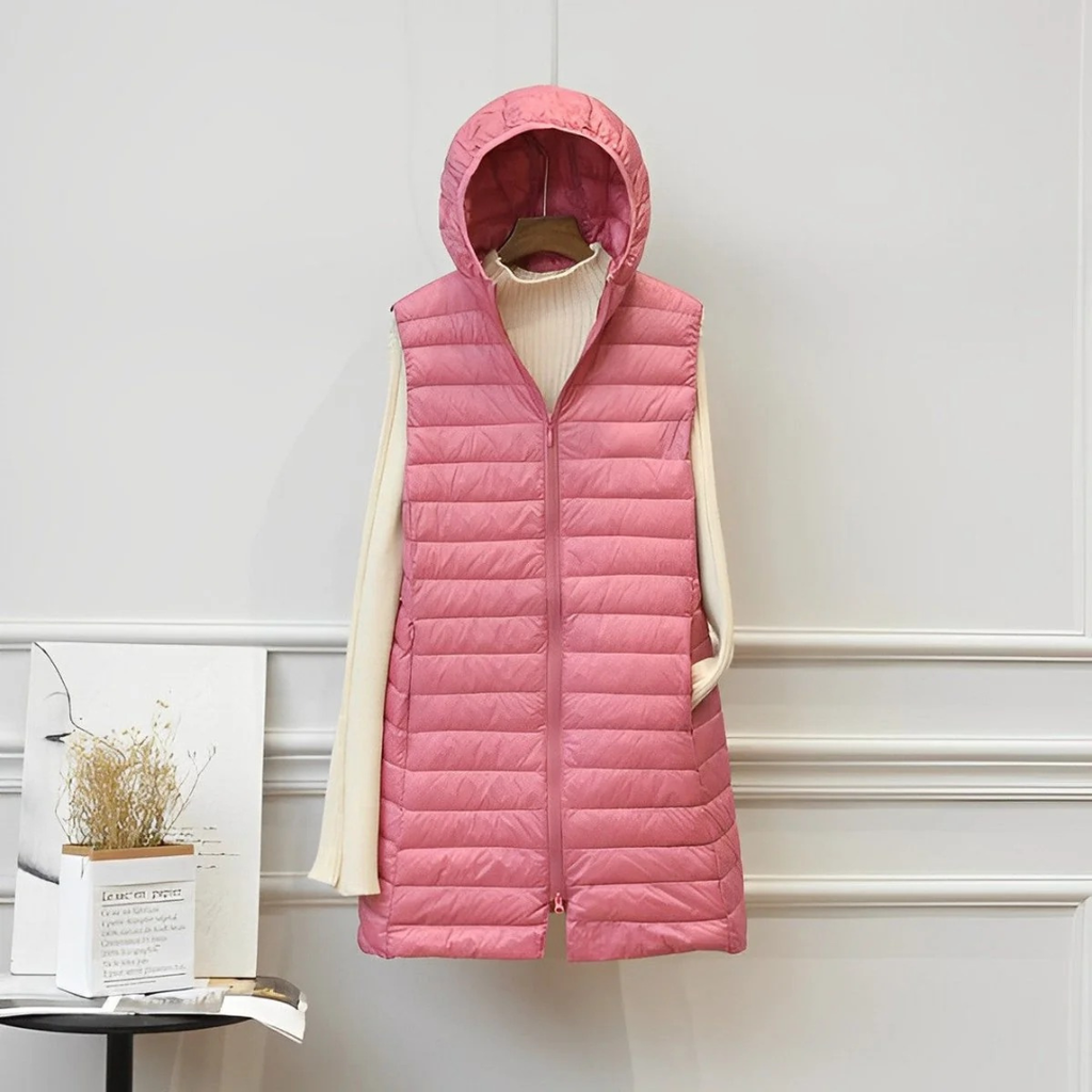Gerda | Damen Steppjacke mit Kapuze, Lange Weste und Reißverschluss