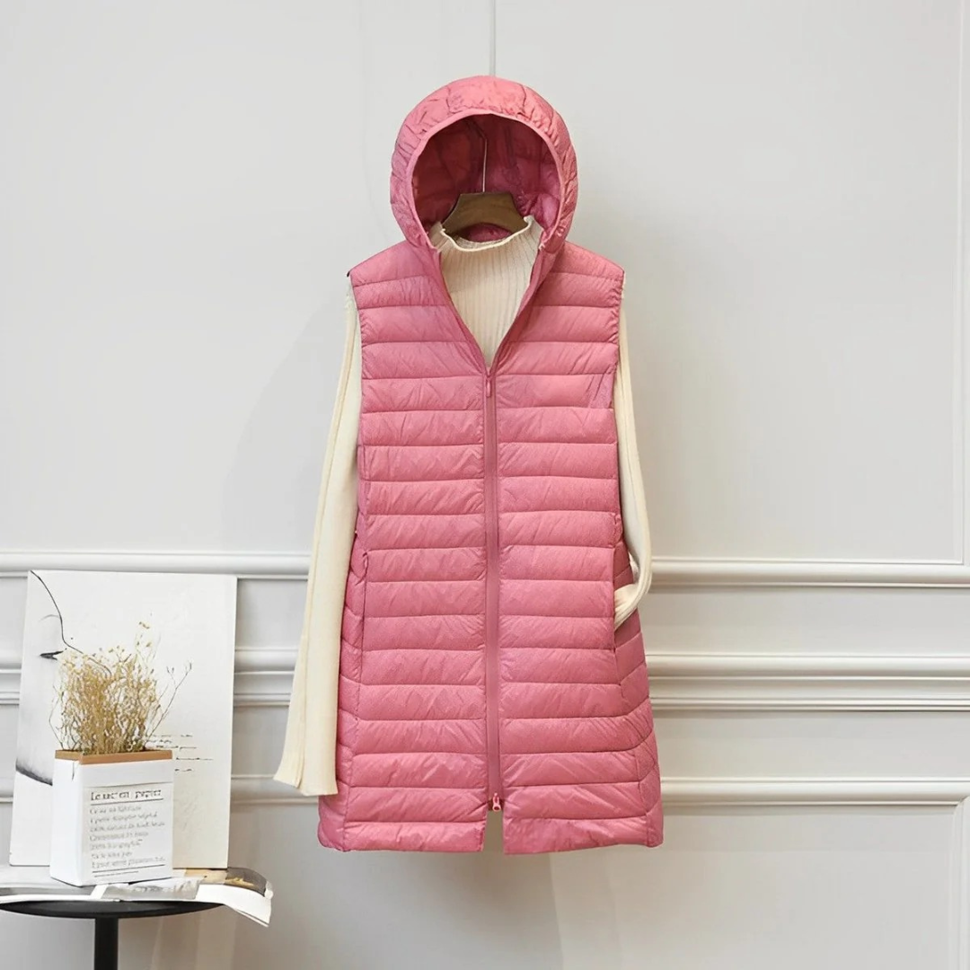 Gerda | Damen Steppjacke mit Kapuze, Lange Weste und Reißverschluss