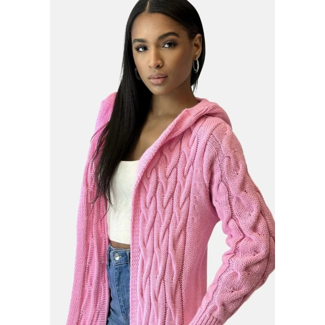 Gertrud | Damen Strickjacke mit Kapuze, Langer Strickmantel mit Strickmuster und Grober Strick Optik