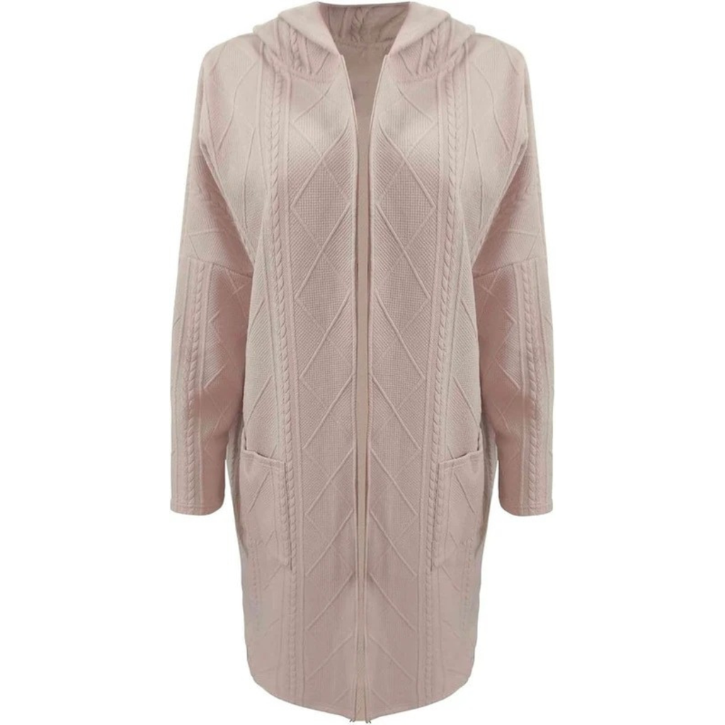 Gertrud | Damen Strickjacke mit Kapuze, Langer Strickmantel mit Strickmuster und Grober Strick Optik
