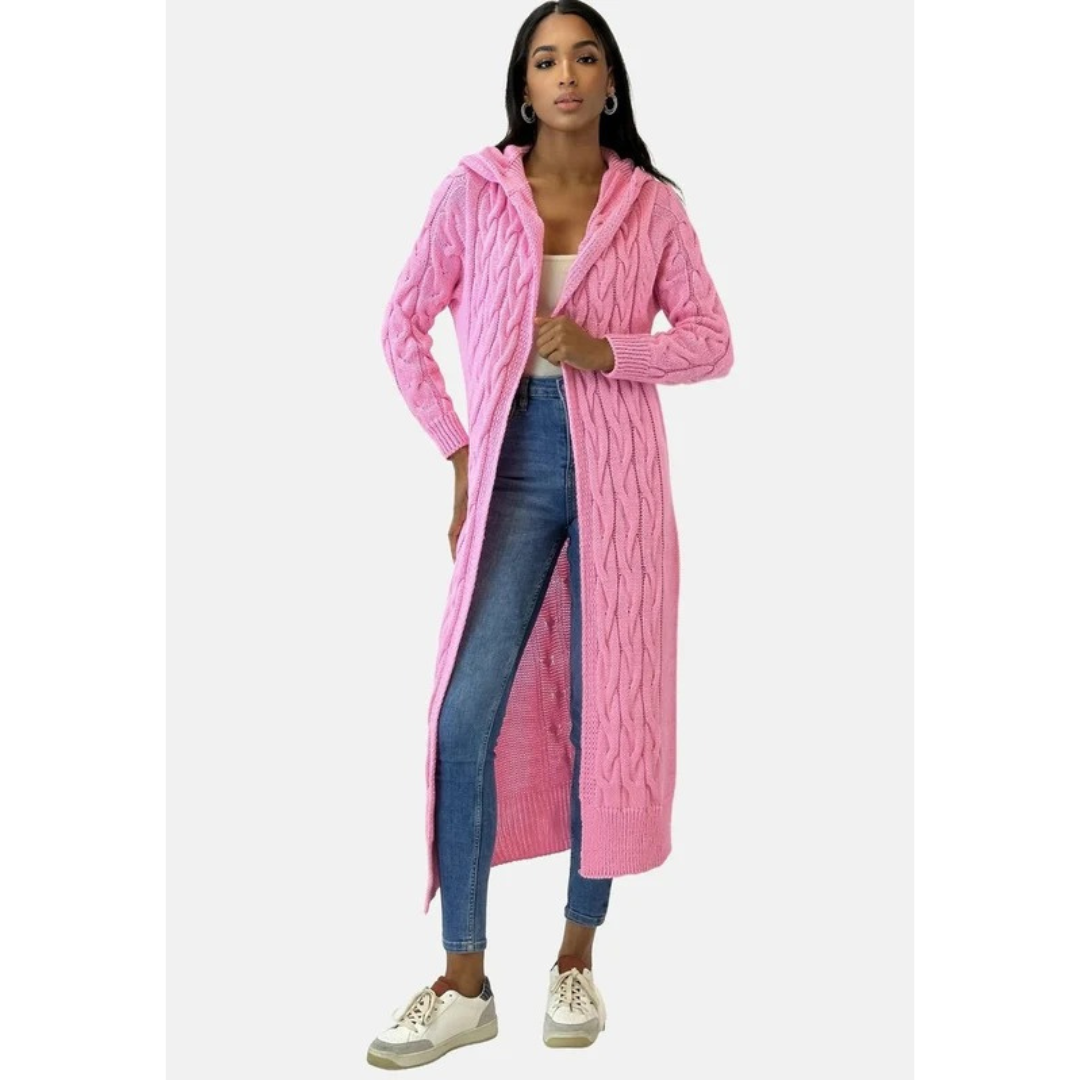 Gertrud | Damen Strickjacke mit Kapuze, Langer Strickmantel mit Strickmuster und Grober Strick Optik