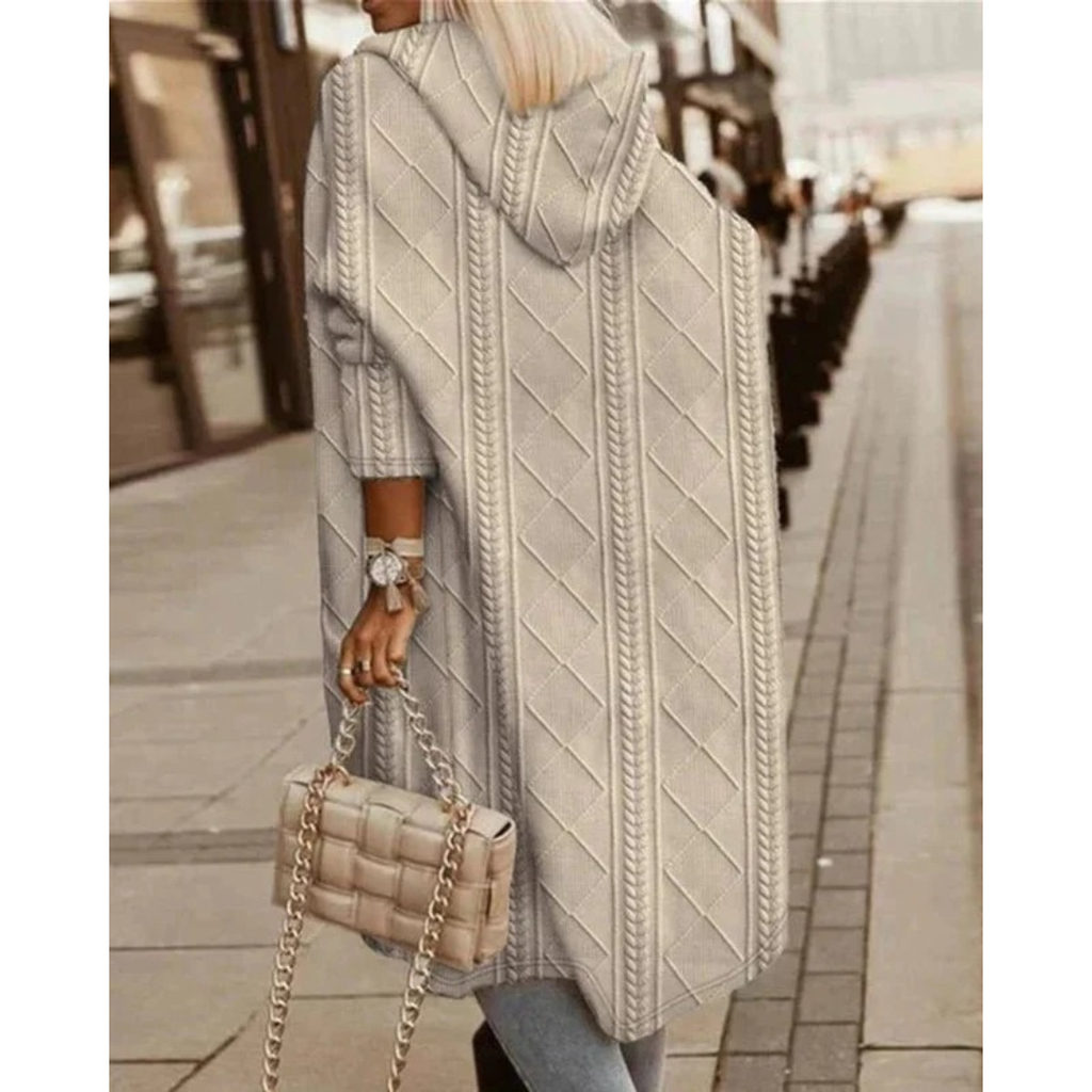Gertrud | Damen Strickjacke mit Kapuze, Langer Strickmantel mit Strickmuster und Grober Strick Optik