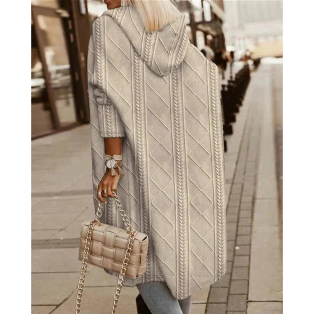 Gertrud | Damen Strickjacke mit Kapuze, Langer Strickmantel mit Strickmuster und Grober Strick Optik