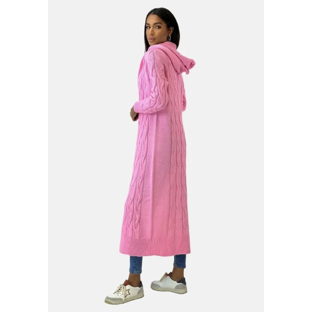 Gertrud | Damen Strickjacke mit Kapuze, Langer Strickmantel mit Strickmuster und Grober Strick Optik