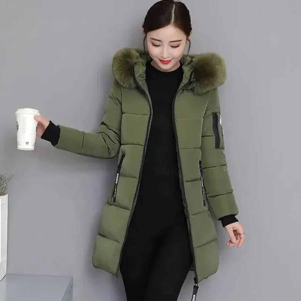 Gertrud | Damen Winterjacke Lang mit Kapuze und Reißverschluss, Komfort Parka mit Taschen