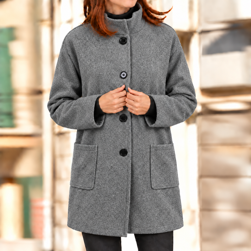 Gertrude | Damen Winterjacke mit Stehkragen, Langer Mantel mit Knöpfen