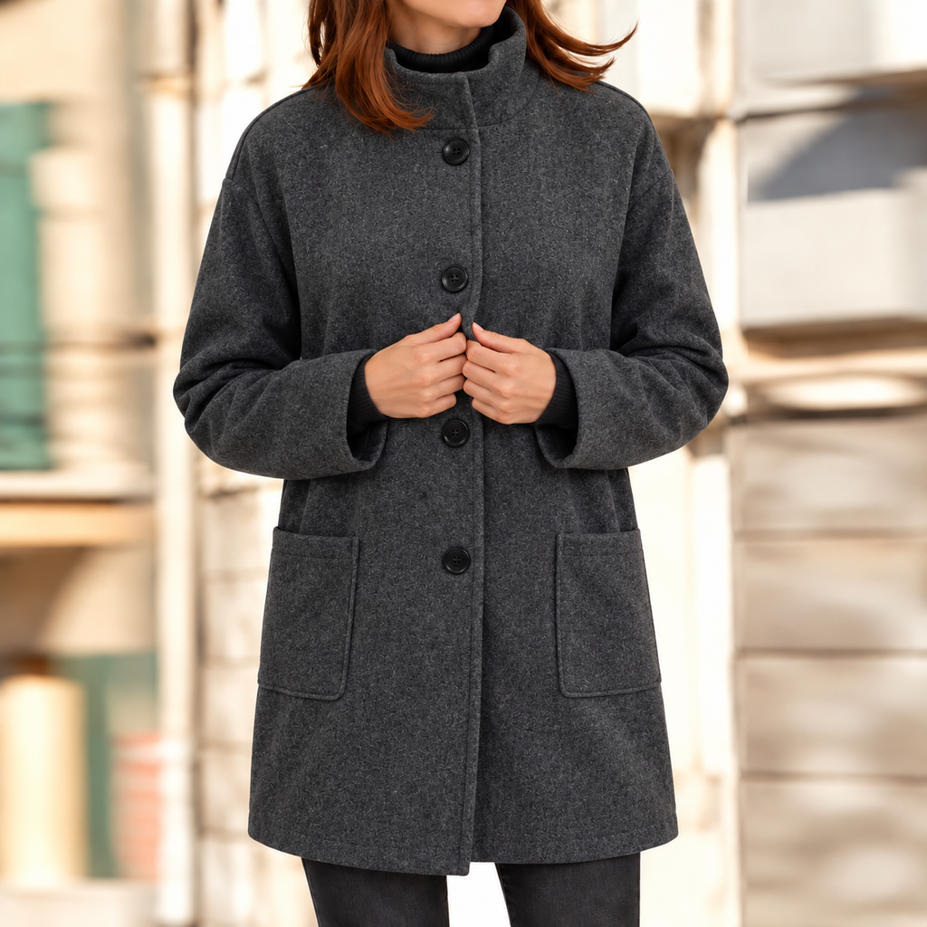 Gertrude | Damen Winterjacke mit Stehkragen, Langer Mantel mit Knöpfen