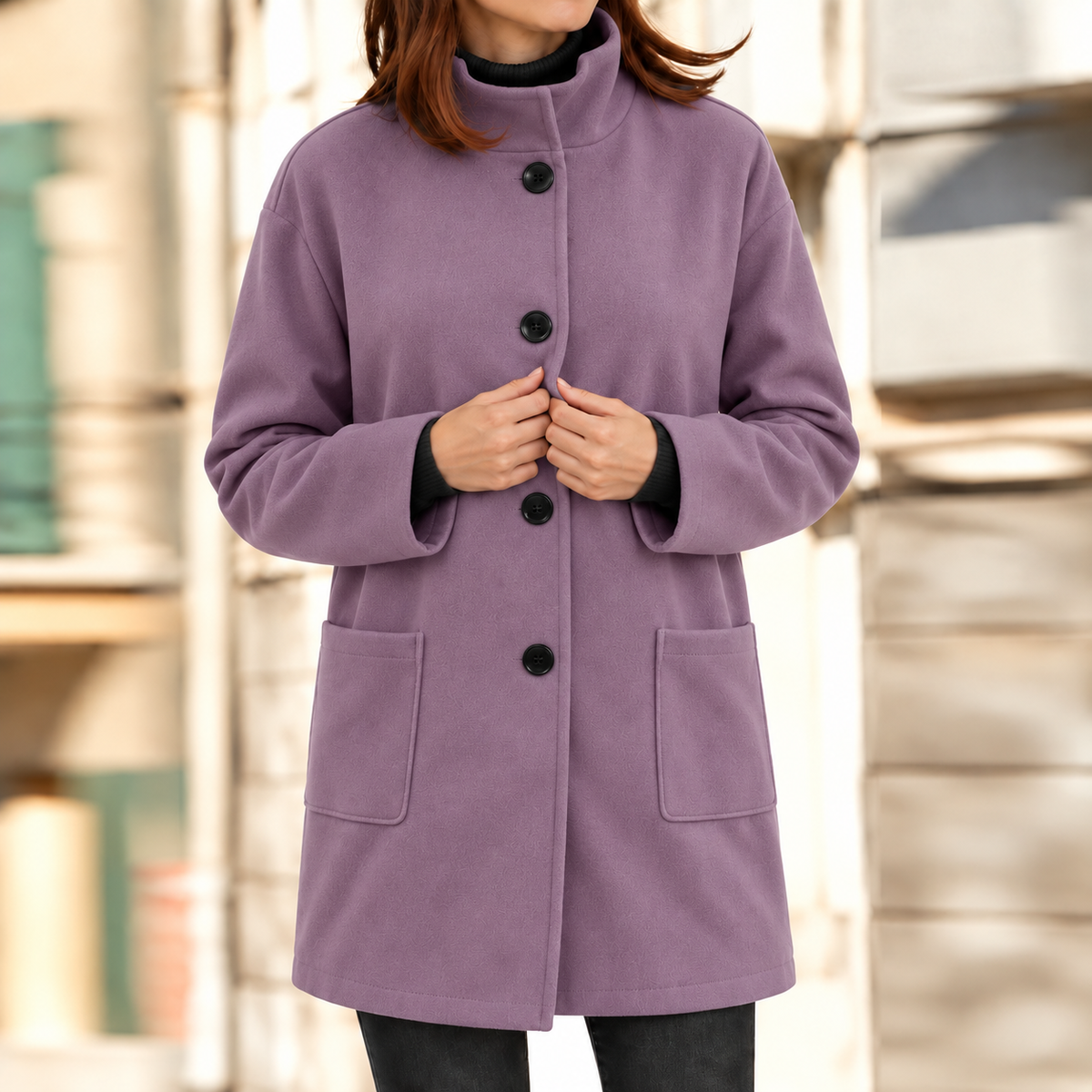 Gertrude | Damen Winterjacke mit Stehkragen, Langer Mantel mit Knöpfen