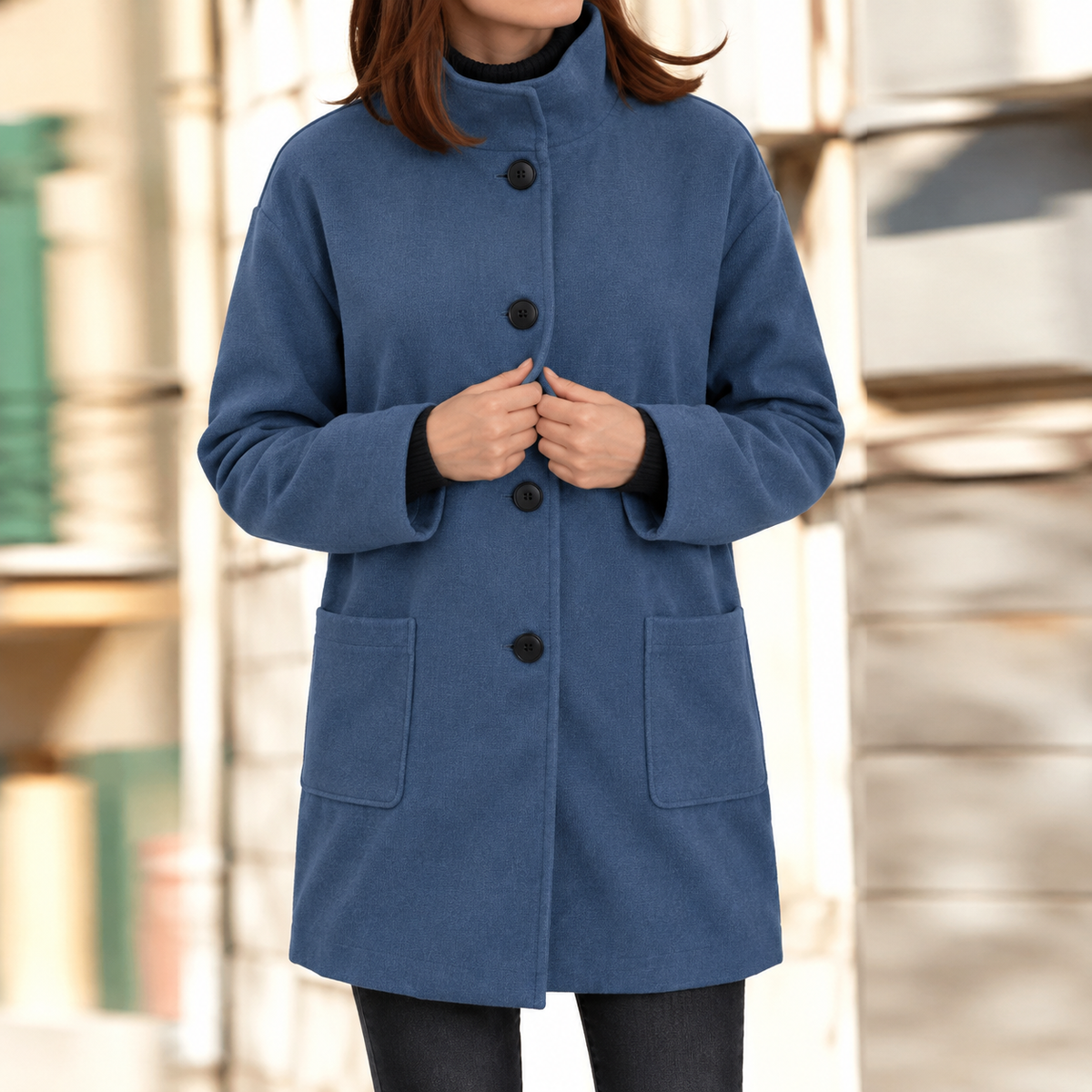 Gertrude | Damen Winterjacke mit Stehkragen, Langer Mantel mit Knöpfen