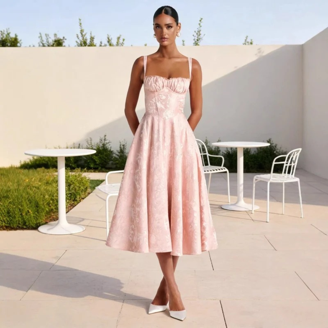 Gesa | Damen Rosa Cocktail Midikleid mit Rüschen