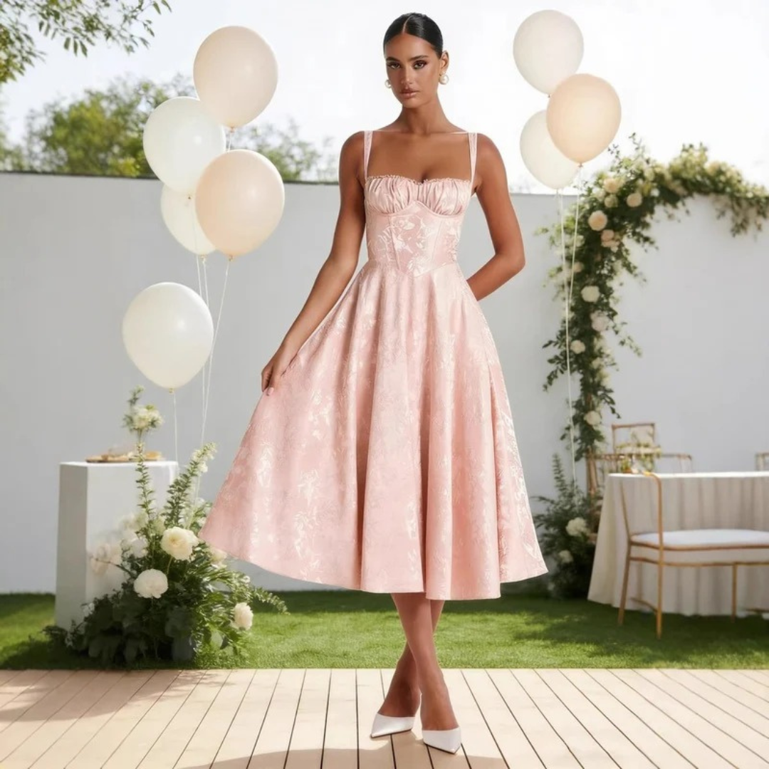 Gesa | Damen Rosa Cocktail Midikleid mit Rüschen
